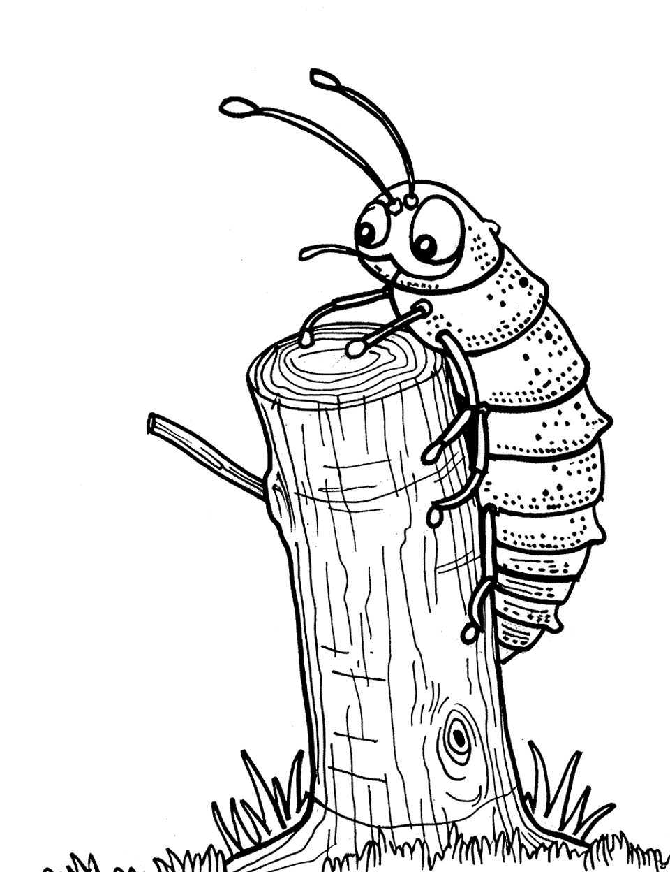 Caterpillar on a Tree Trunk Insect Coloring Page - A caterpillar inching its way up a tree trunk.