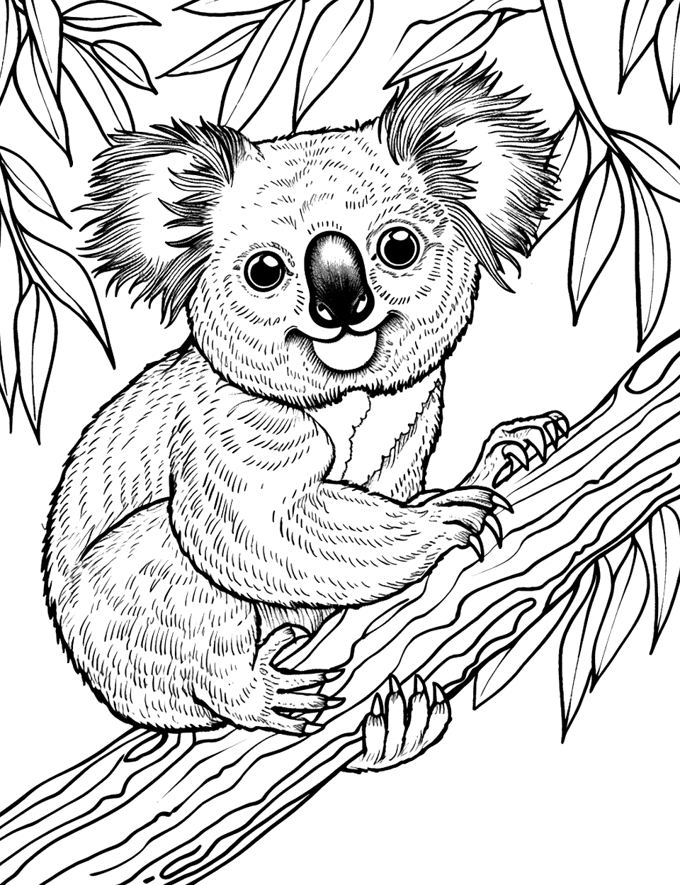Koala in a Eucalyptus Tree Coloring Page - A koala perched calmly on a branch of a eucalyptus tree.