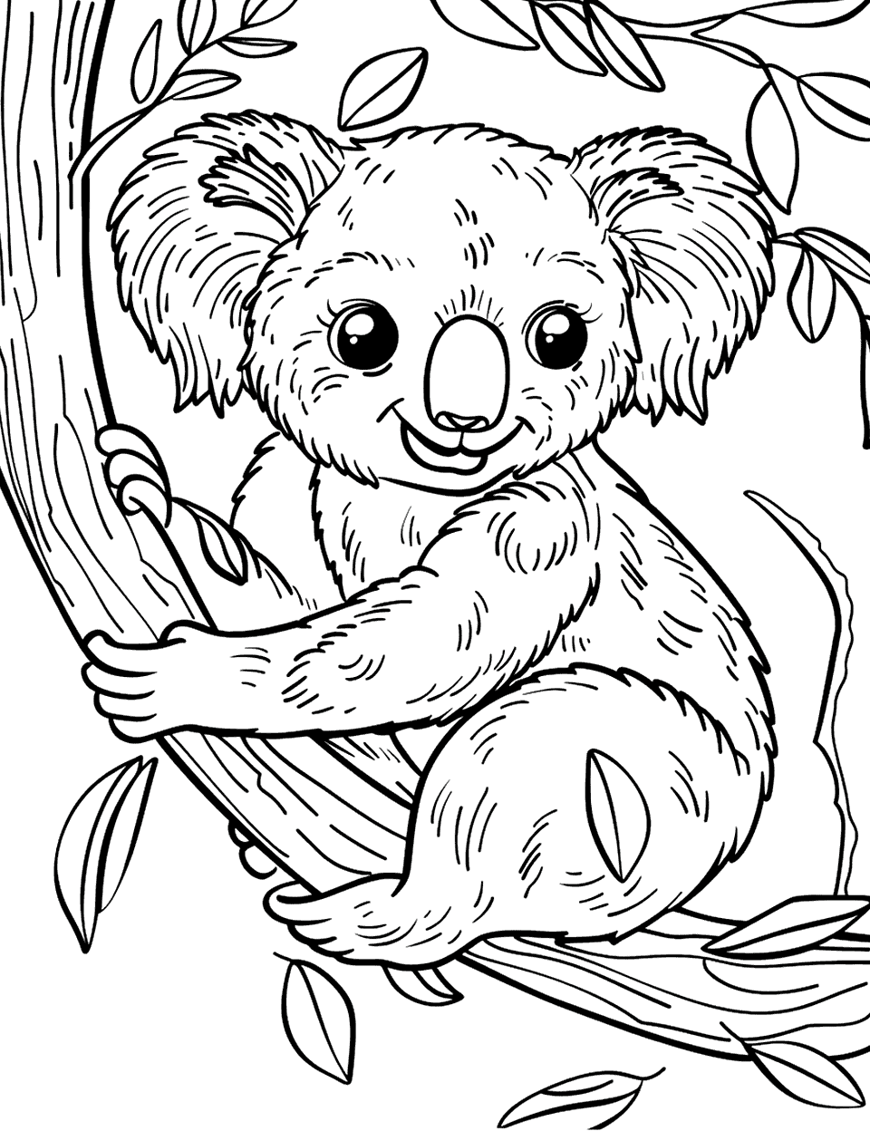 Koala Among the Eucalyptus Leaves Coloring Page - Eucalyptus leaves fill the space around this koala, above it, below it and drifting loose across the page. The koala hugs a branch and looks straight out at you with a wide smile. Because the leaves are separate shapes, this is a good sheet for practicing a different green on each. A younger child can take the leaves while an older one handles the fur.