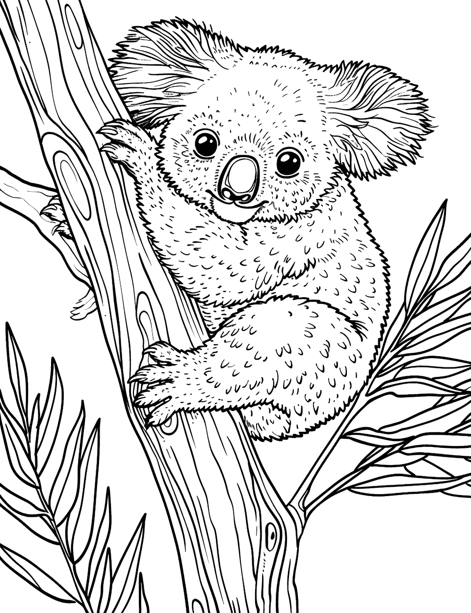 Koala Climbing Adventure Coloring Page - A koala energetically climbing up a tall eucalyptus tree.