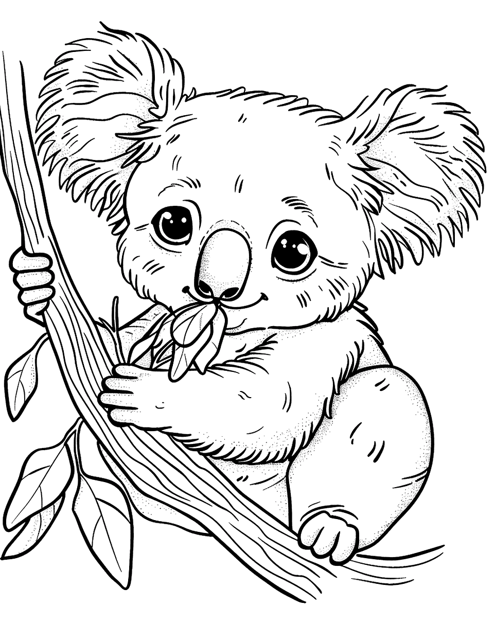 Koala Enjoying a Snack Coloring Page - A koala contently eating eucalyptus leaves, with a happy expression.