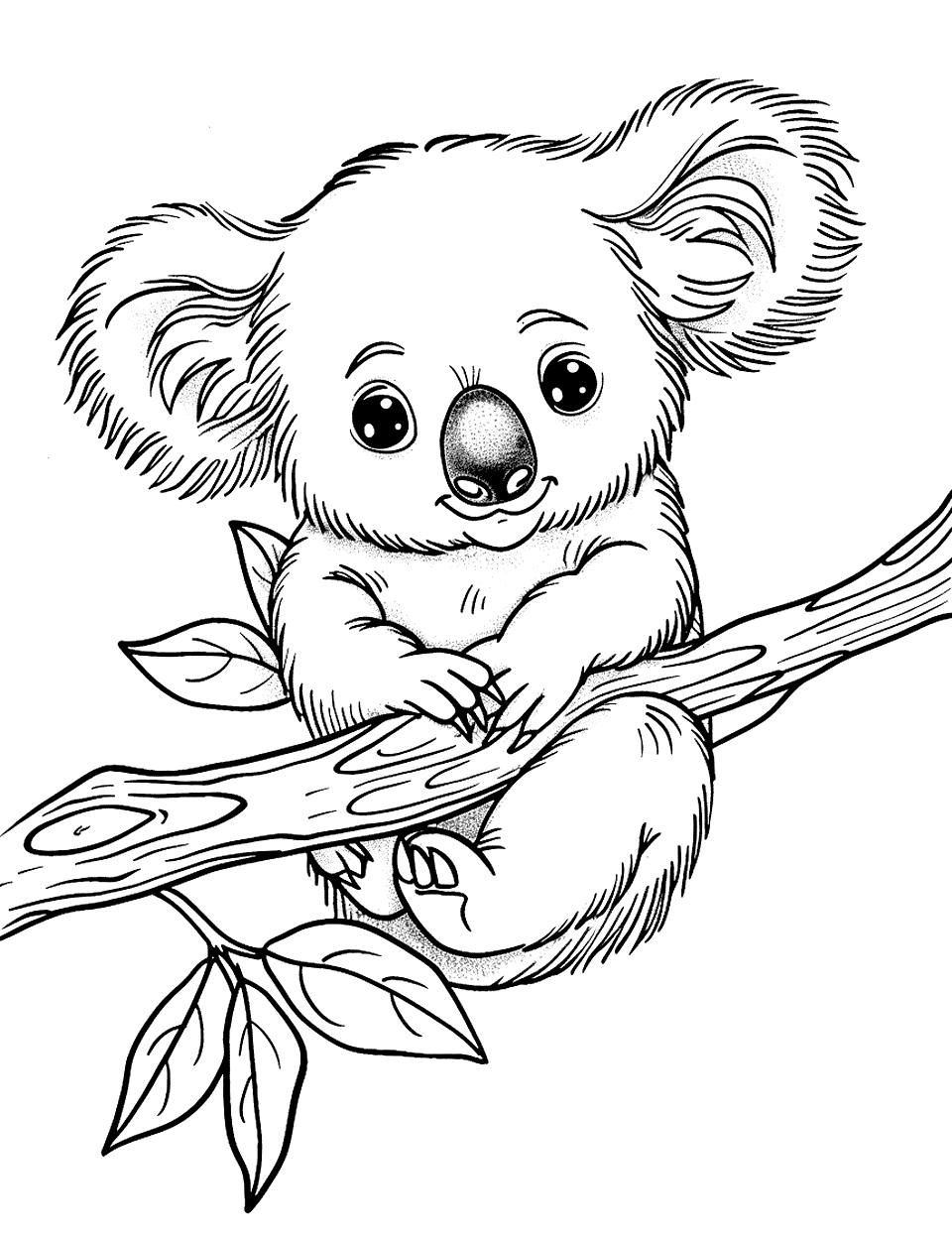 Playful Baby Koala Coloring Page - A baby koala playfully hanging from a tree branch.