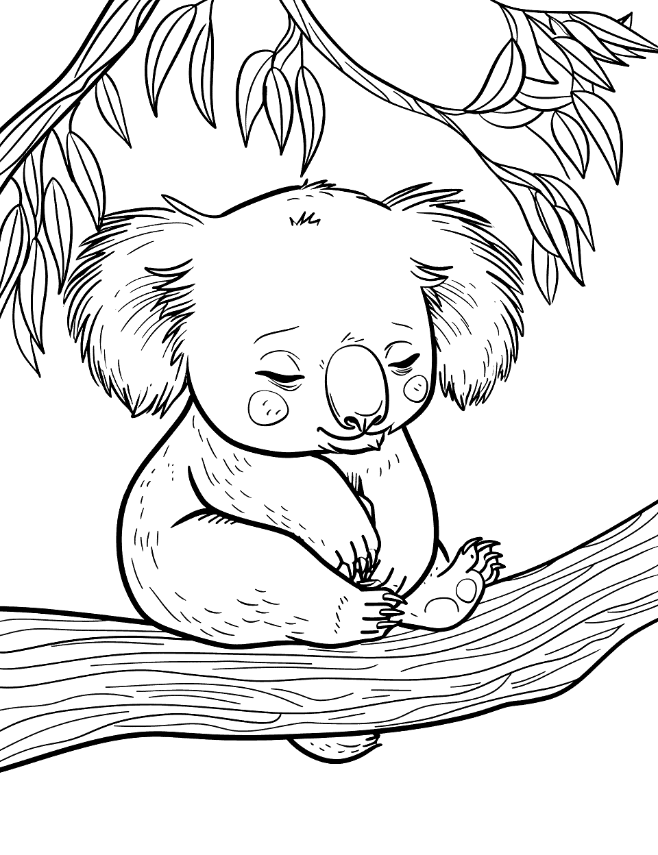 Koala in Thought Coloring Page - A koala sitting with a contemplative expression, surrounded by a calm, natural setting.