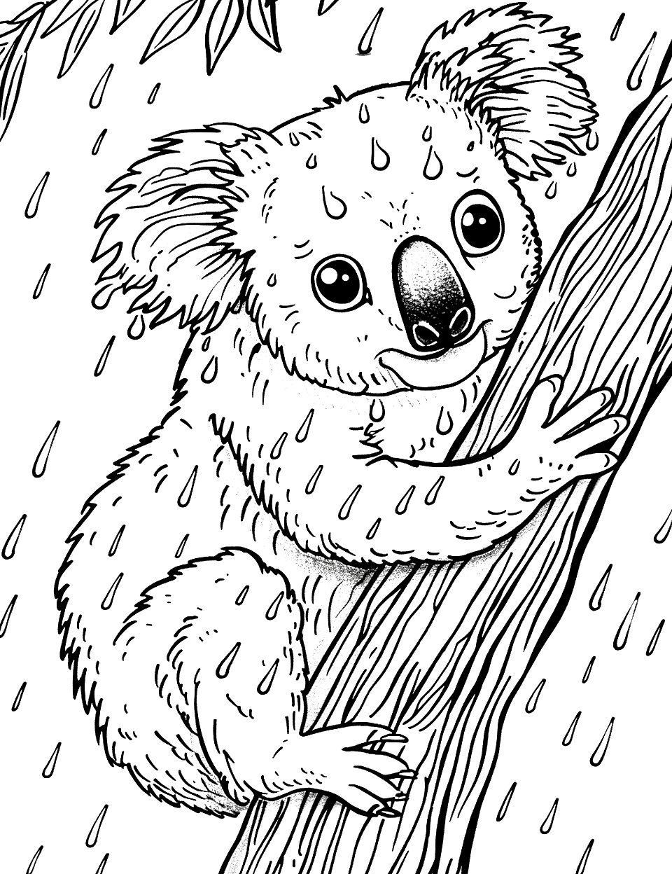 Koala on a Rainy Day Coloring Page - A koala peeking out from behind a tree, as raindrops fall gently around it.