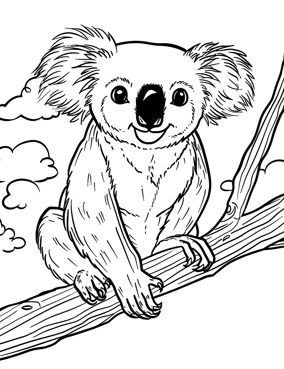 Lonely Koala on a Branch Coloring Page - A single koala sitting quietly on a branch, with a simple cloudy sky behind.