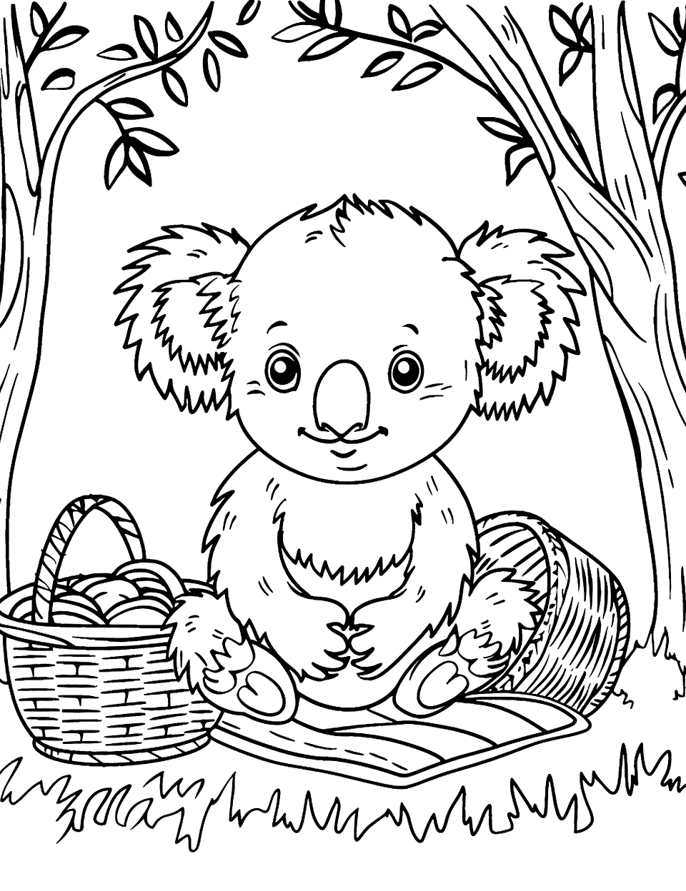 Koala's Picnic Under the Trees Koala Coloring Page - A picnic blanket is spread out under the trees with the koala sitting in the middle of it. A basket of round fruit rests on one side and a second basket has tipped over on the other. Grass, trees, blanket and baskets give you four separate areas to plan colors for. It is one of the busier scenes here, so allow more time than the portrait sheets need.