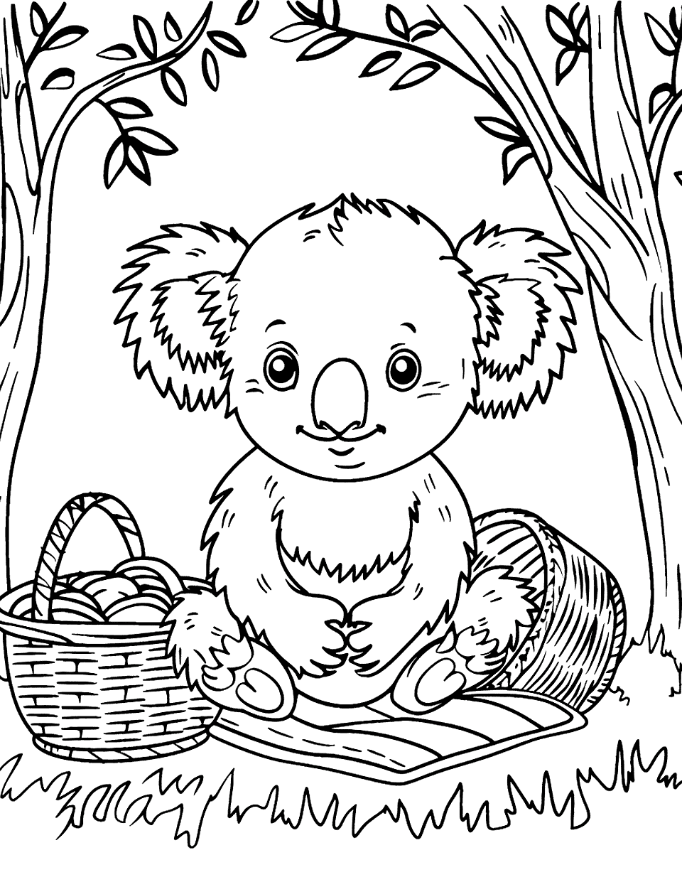 Koala Bear Picnic Coloring Page - A koala sitting on the ground, surrounded by picnic items like a basket and a blanket.