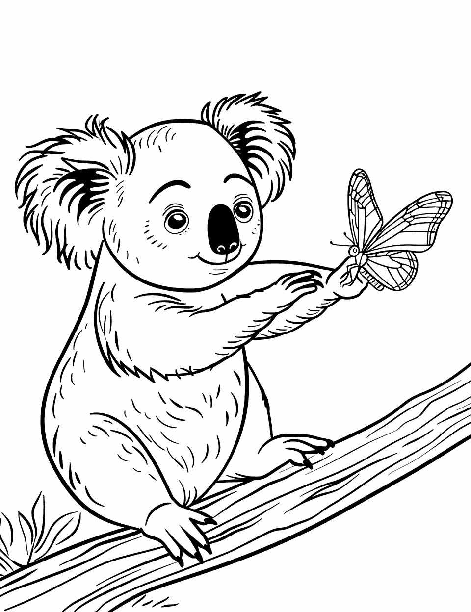 Koala and a Butterfly Coloring Page - A koala reaching out curiously towards a fluttering butterfly nearby.