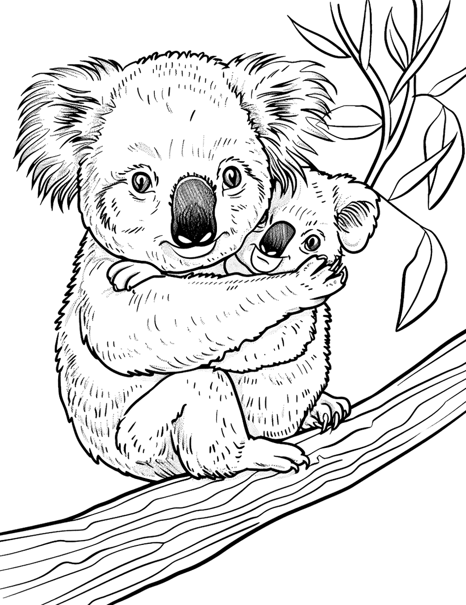Baby Koala Cuddling Coloring Page - A baby koala hugging its mother as they sit together on a branch.