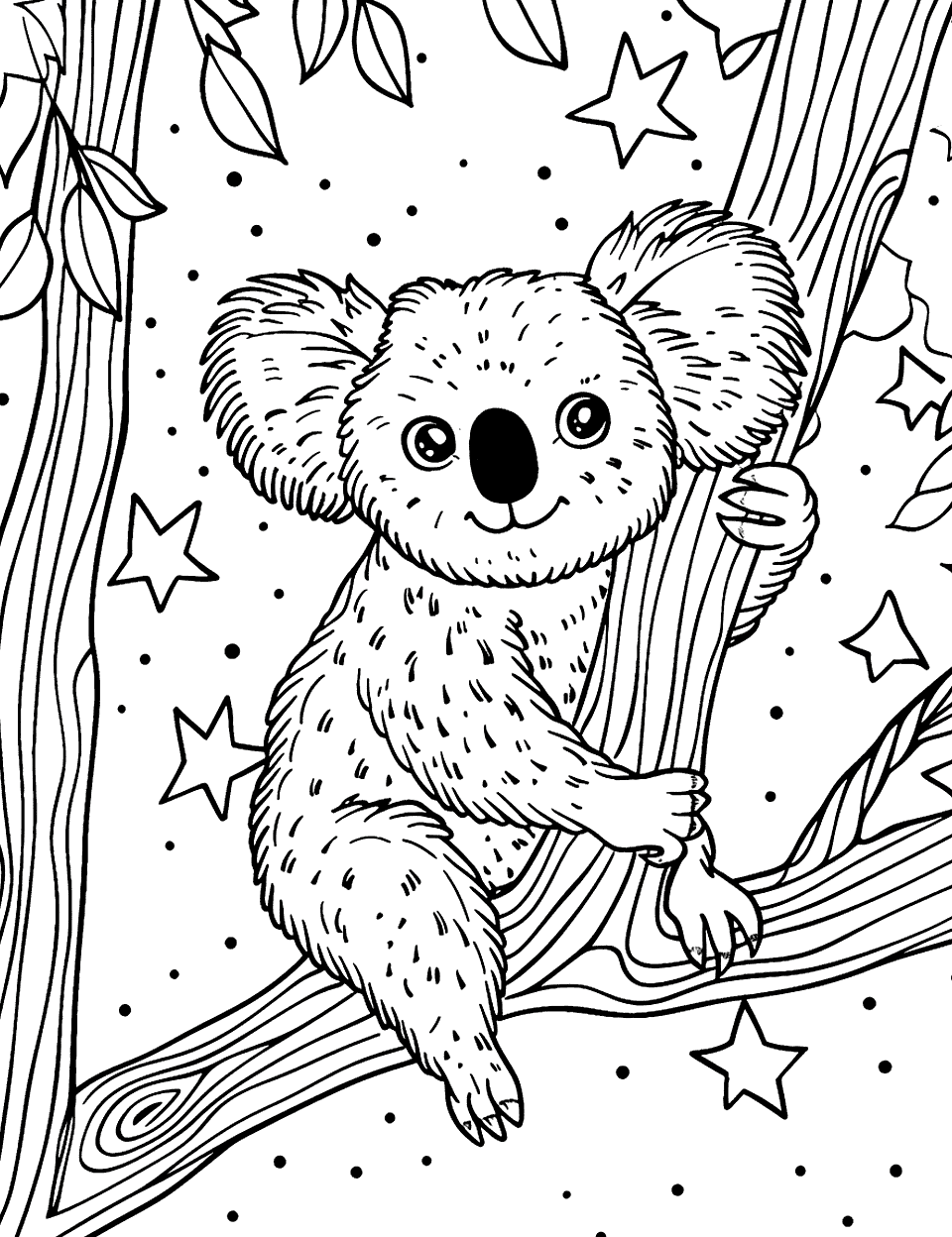 Starry Night with Koala Coloring Page - A koala looking up at a star-filled sky from the safety of its tree.