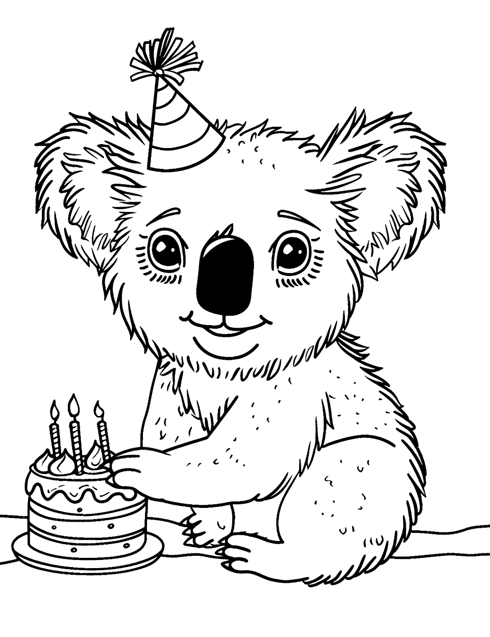 Koala in a Festive Mood Coloring Page - A koala with a party hat, sitting beside a small cake.