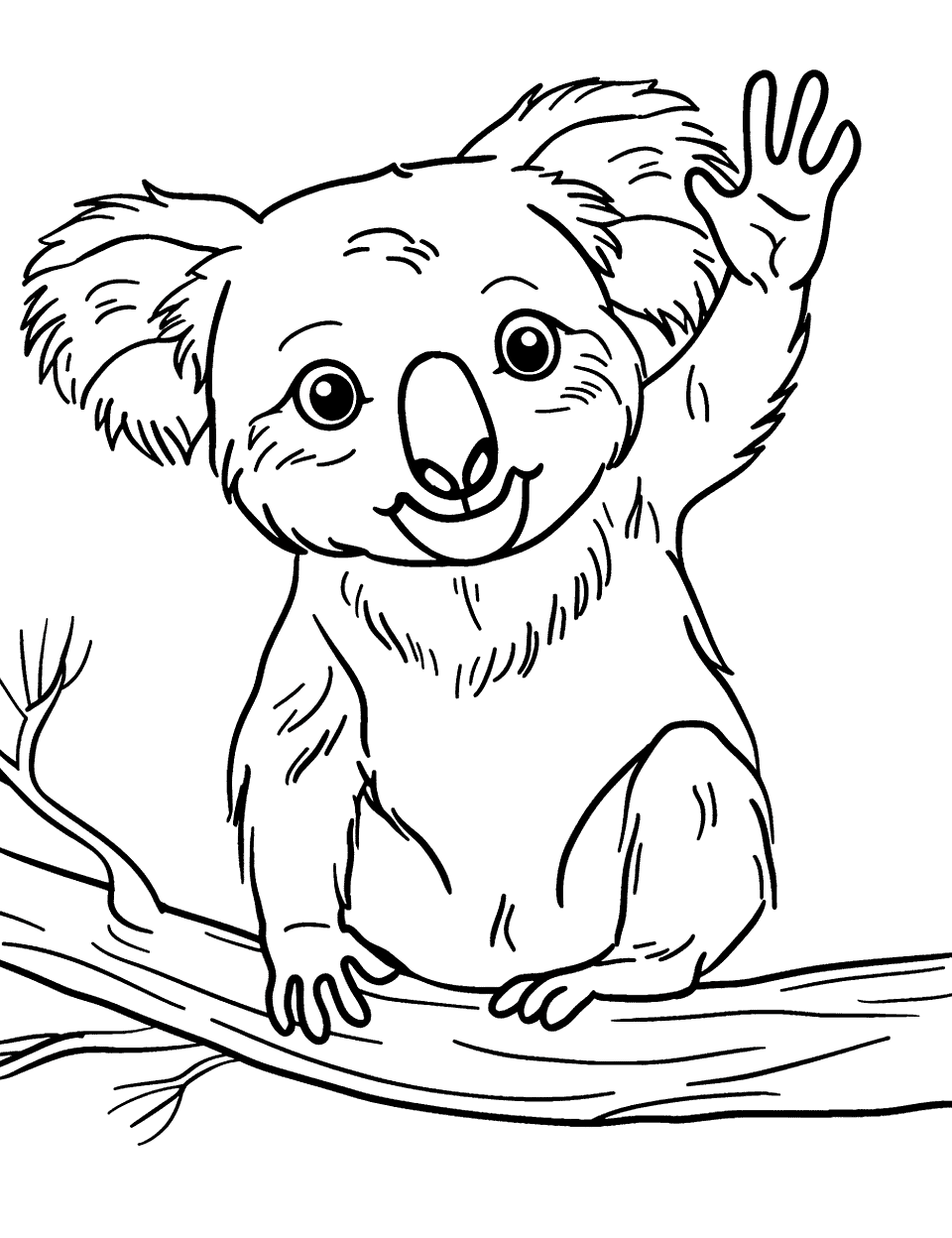 Friendly Koala Waving Coloring Page - A koala raising its paw as if waving hello to its admirers.