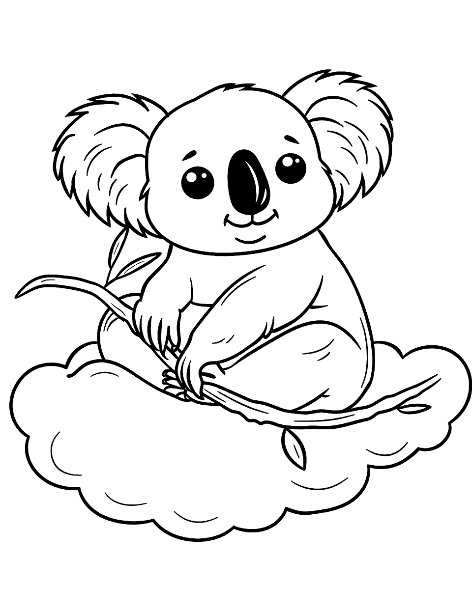 Koala in a Fluffy Cloud Coloring Page - A koala imagined sitting on a fluffy cloud, drifting across the sky.