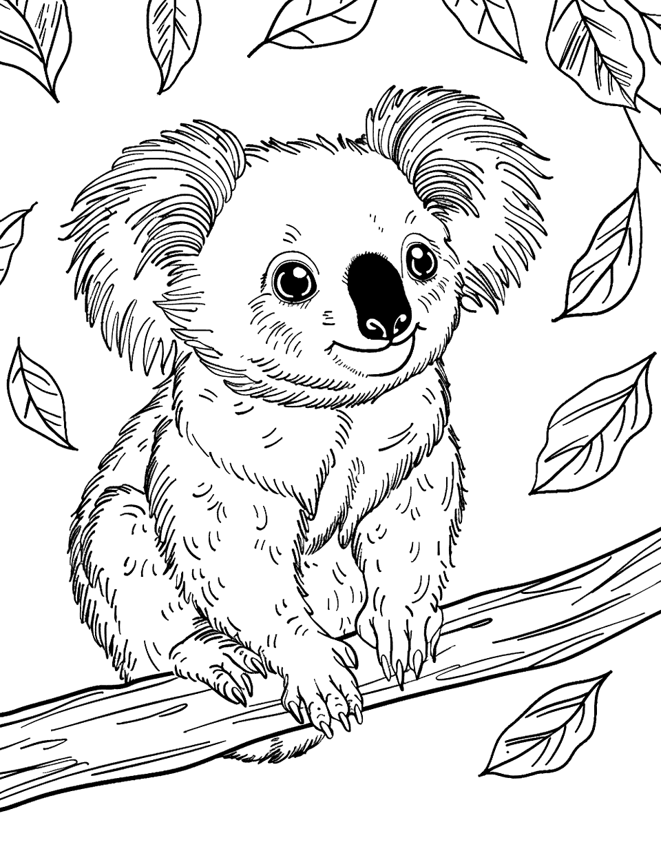 Koala and Falling Leaves Coloring Page - A koala watching leaves fall around it as autumn arrives.