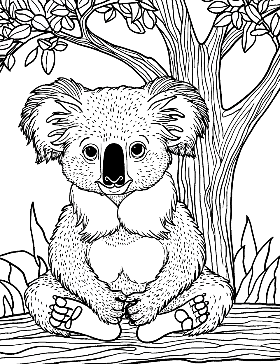 Zen Koala Meditating Coloring Page - A koala in a meditative pose under a tree, with a peaceful expression.