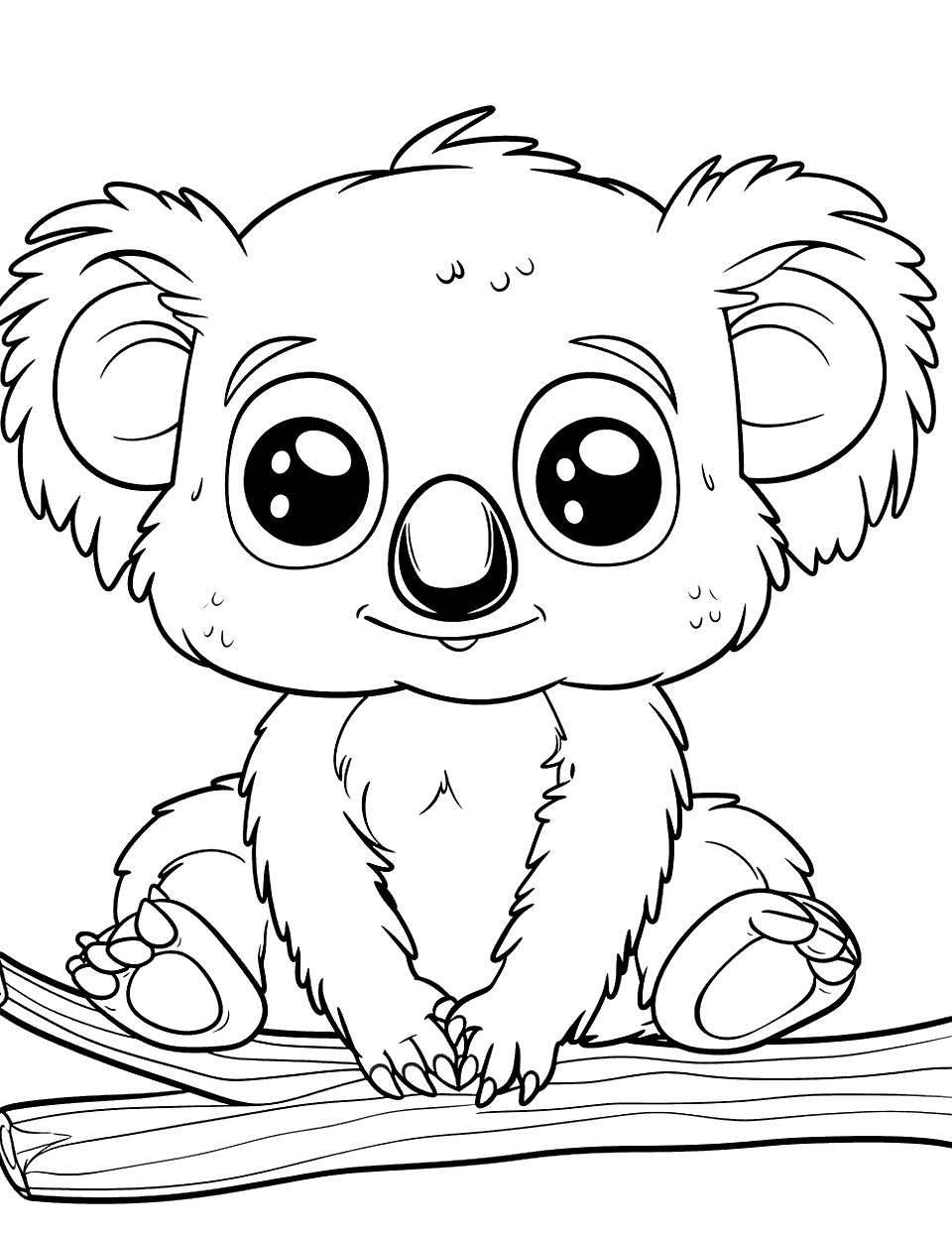 Kawaii Koala with Big Eyes Coloring Page - A cartoon-style koala with exaggerated big eyes and a cheerful smile.
