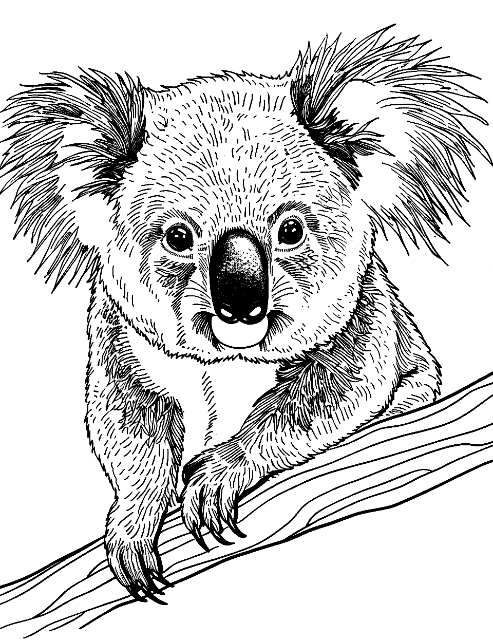Realistic Koala Portrait Coloring Page - A detailed drawing of a koala’s face, focusing on its unique fur texture and gentle eyes.