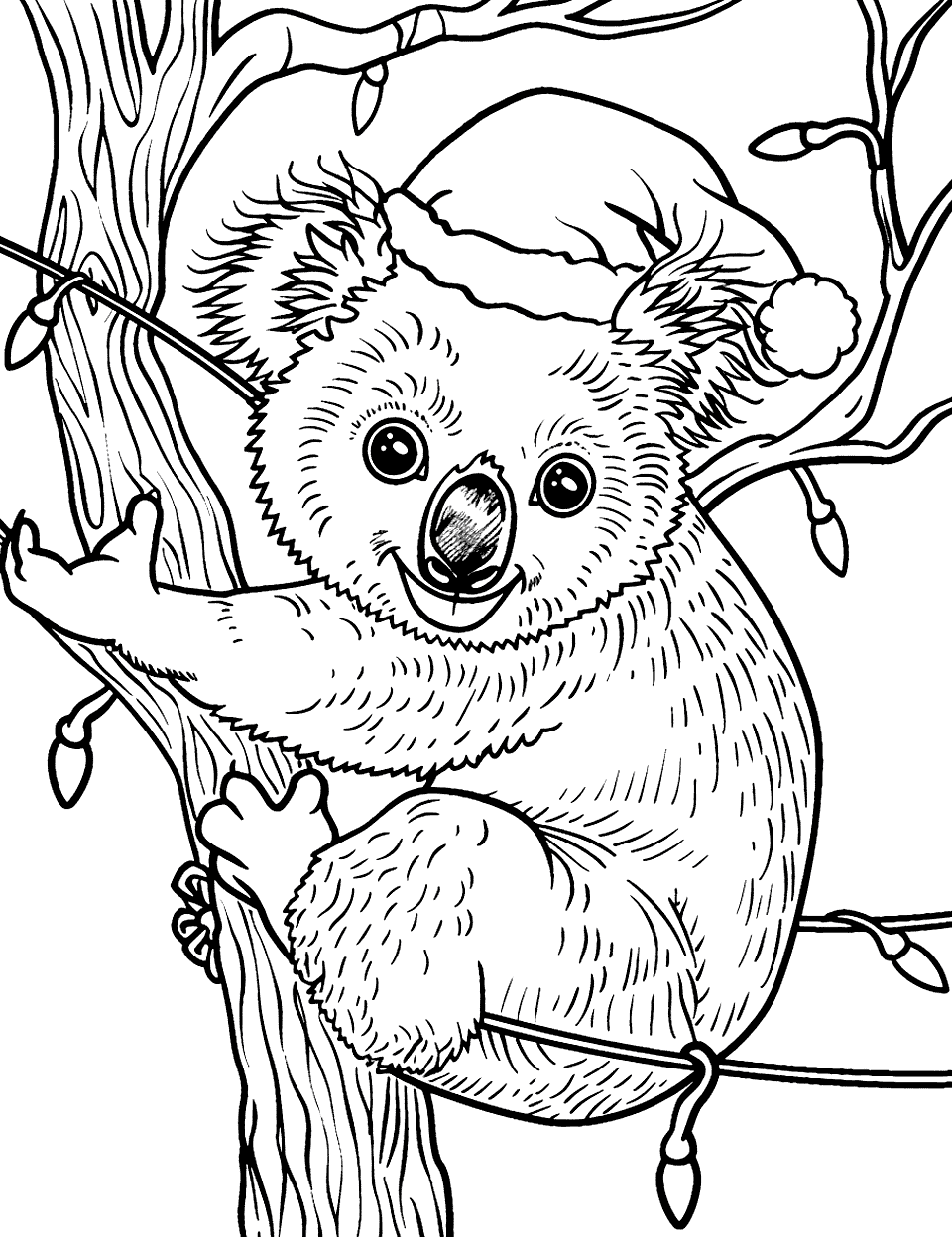 Christmas Koala Celebration Coloring Page - A koala wearing a Santa hat, tangled in a string of colorful lights on a tree.