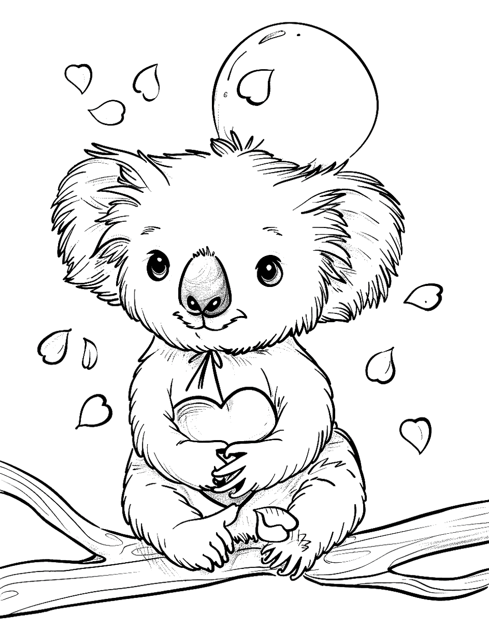 Valentine's Day Koala Coloring Page - A koala holding a heart-shaped balloon and surrounded by rose petals.
