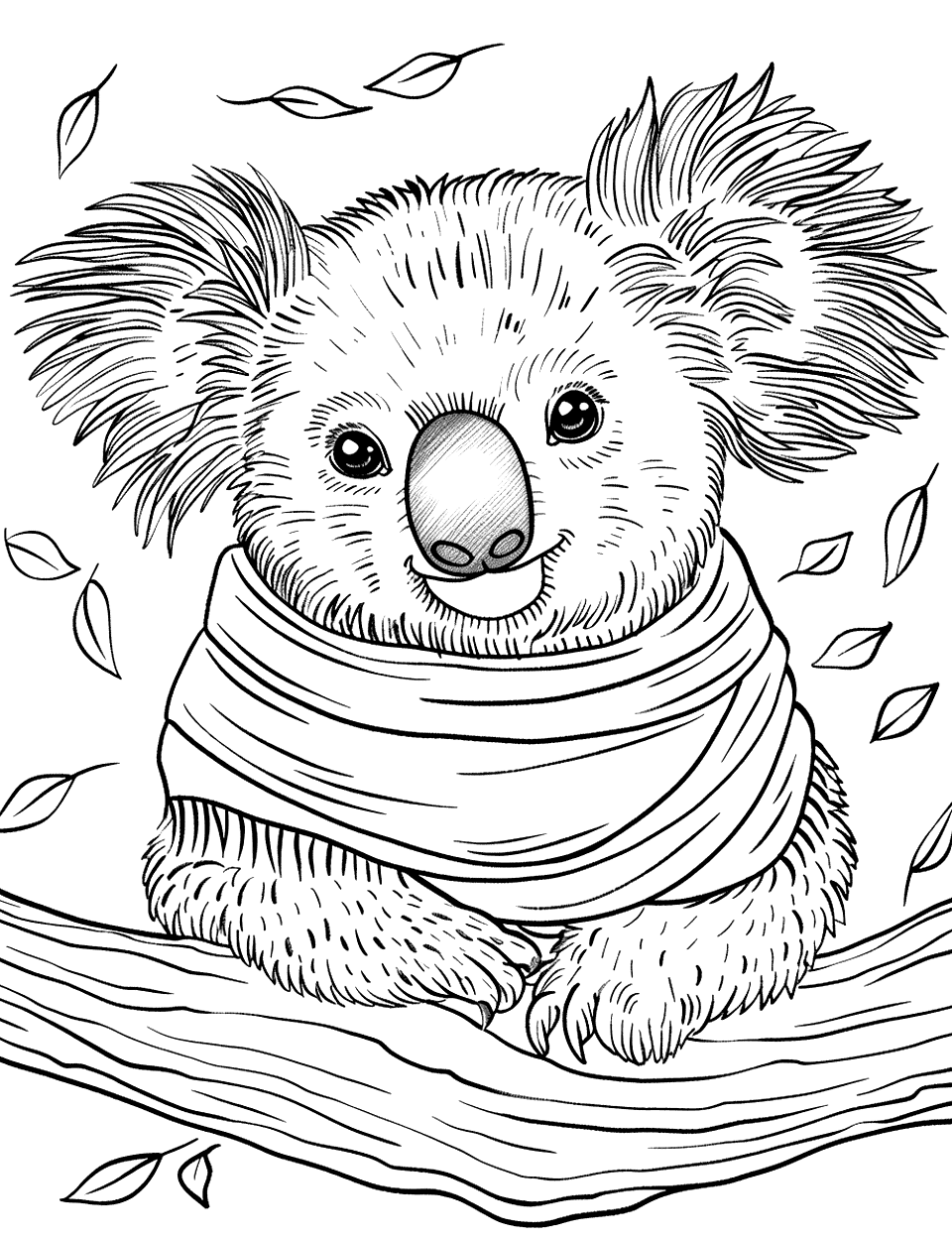 Koala on a Cool Day Coloring Page - A koala wrapped in a scarf, with leaves swirling in the windy background.