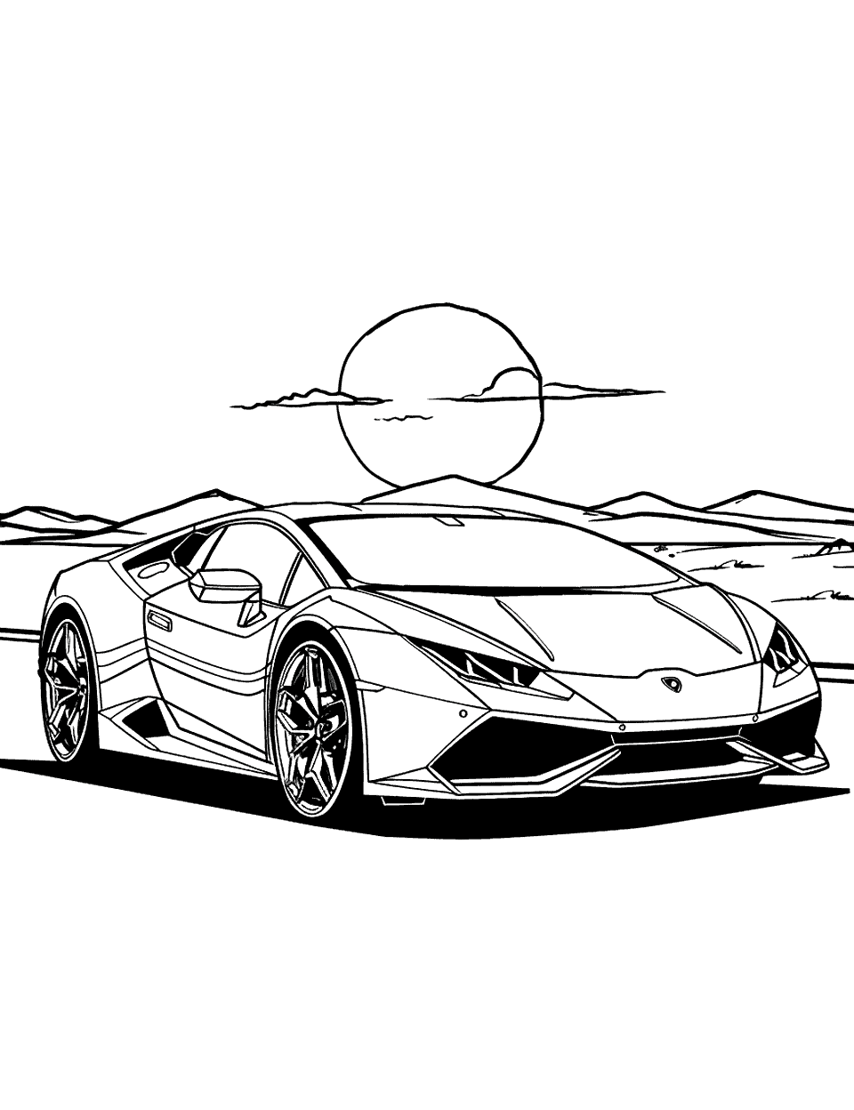 Huracan at Sunrise Lamborghini Coloring Page - A Lamborghini Huracan parked on an open road, with the rising sun in the background.