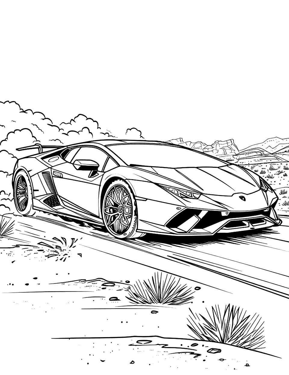 Lamborghini Adventure Coloring Page - A Lamborghini on a desert road, kicking up dust behind it.