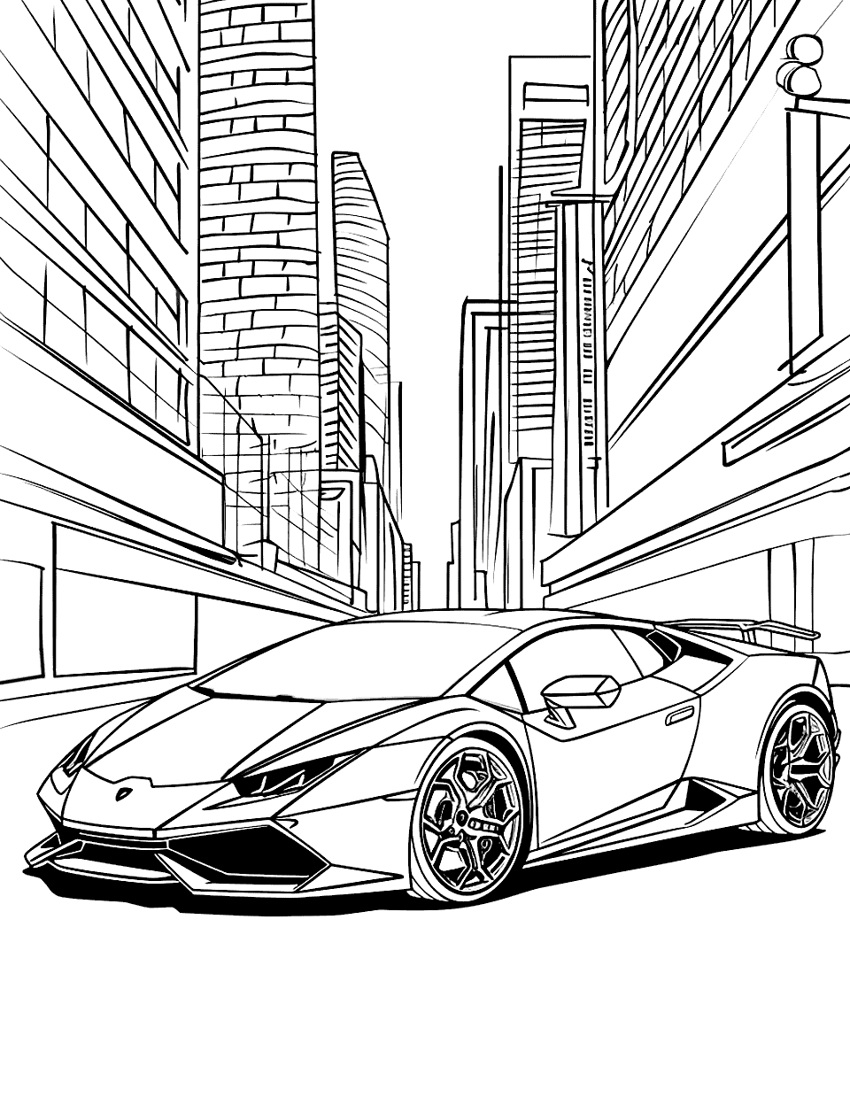 Lambo in the City Lamborghini Coloring Page - A Lamborghini driving through a cityscape with tall buildings.