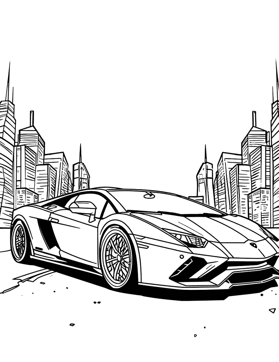 City Night Drive Lamborghini Coloring Page - A Lamborghini cruising through a city at night.