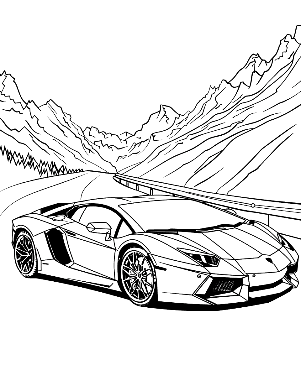 Lambo on a Mountain Road Lamborghini Coloring Page - A Lamborghini driving on a mountain road.