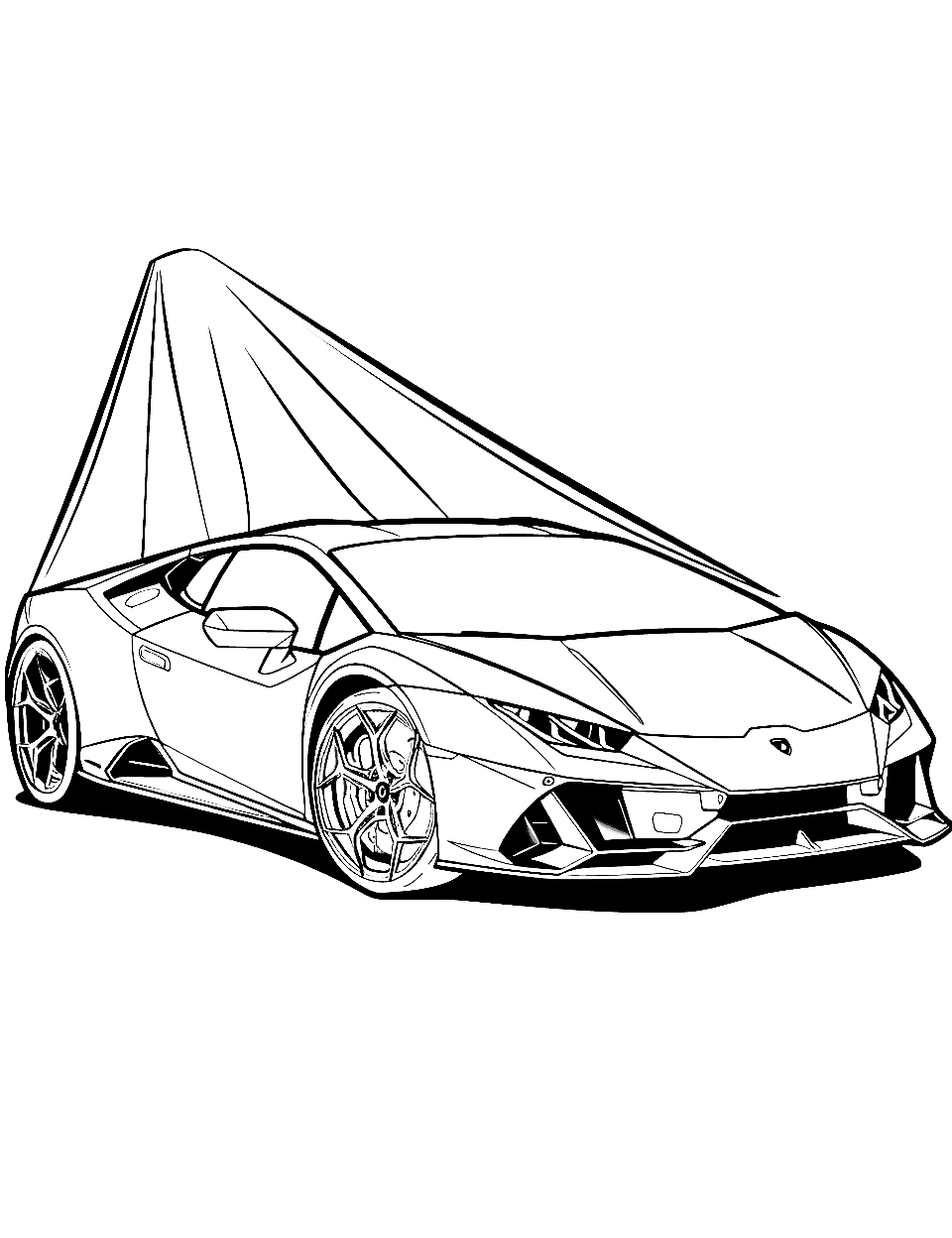 Revuelto Revealed Lamborghini Coloring Page - A Lamborghini Revuelto is unveiled at a car show, with a cloth being pulled away.