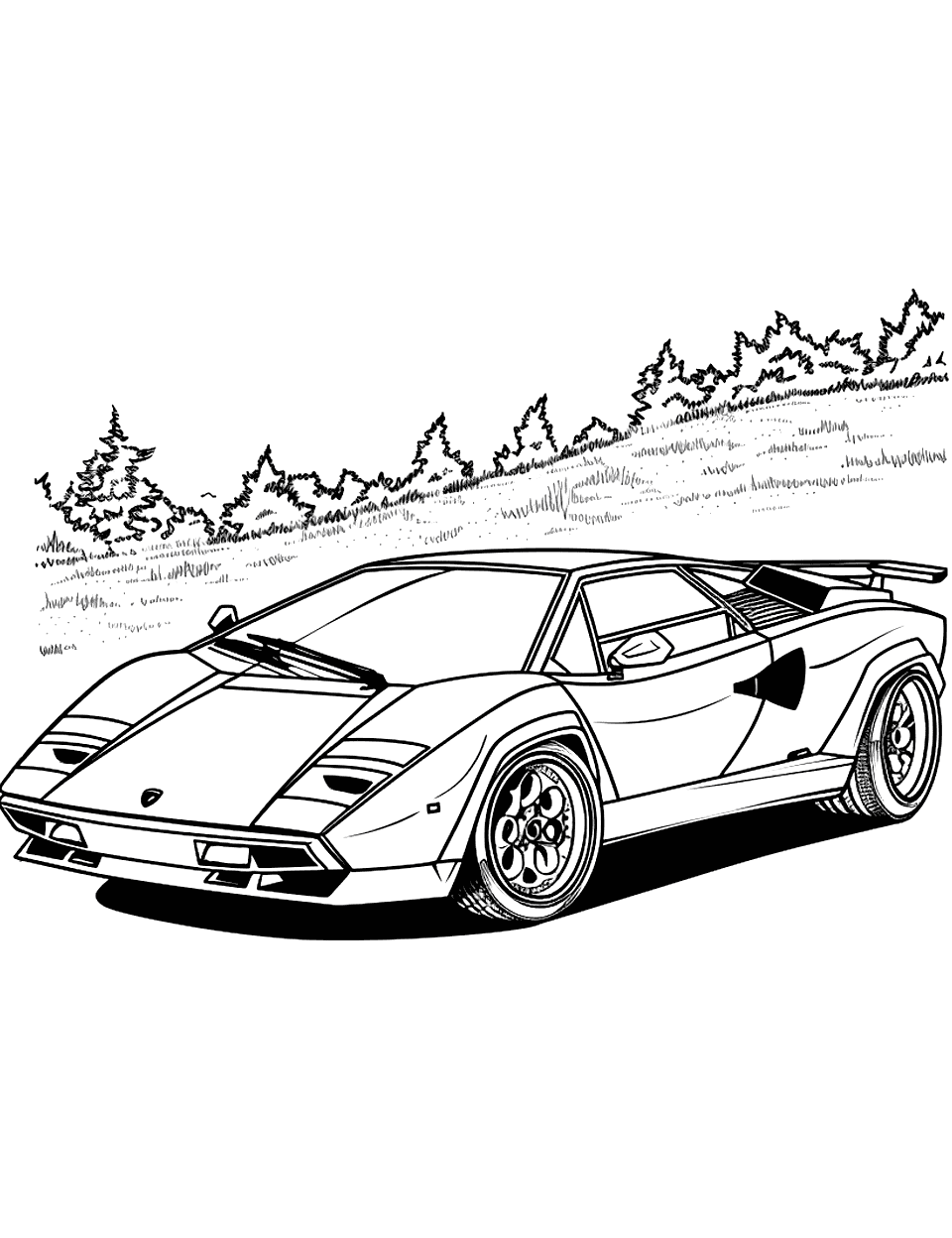 Vintage Voyage Lamborghini Coloring Page - A vintage Lamborghini on a road trip through the countryside.