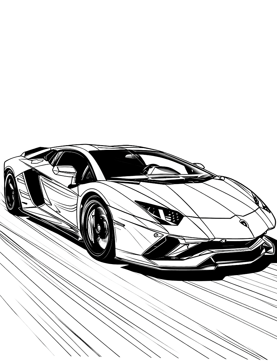 Aventador Speeding Past Lamborghini Coloring Page - Every line under this car points backward, so the whole page reads as motion. Leave the speed streaks white or fill them in pale bands and the car looks like it is pulling away from them. Plenty of flat surface here for a child who likes to blend one shade into another. The top half of the page is open white space, which is a good spot to add a sky or a finish flag.