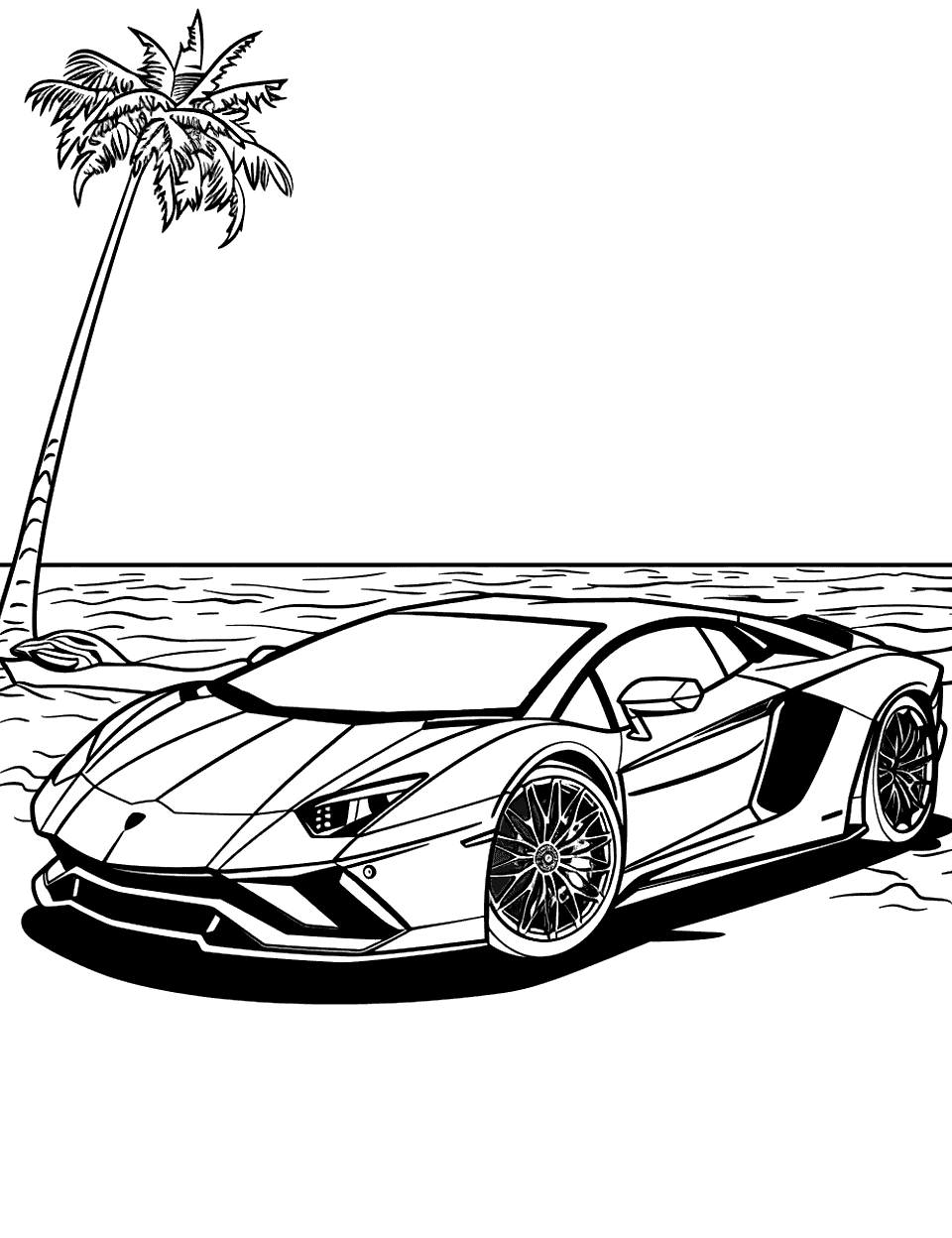 Beachside Lamborghini Coloring Page - A Lamborghini parked with the beach in the background.