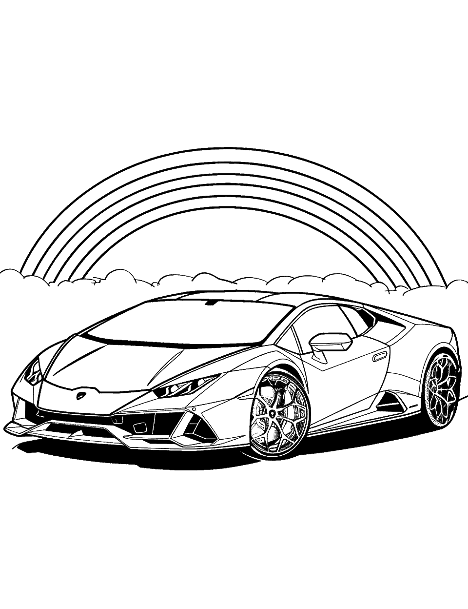 Rainbow Over Lamborghini Coloring Page - A Lamborghini parked with a beautiful rainbow arching over it.