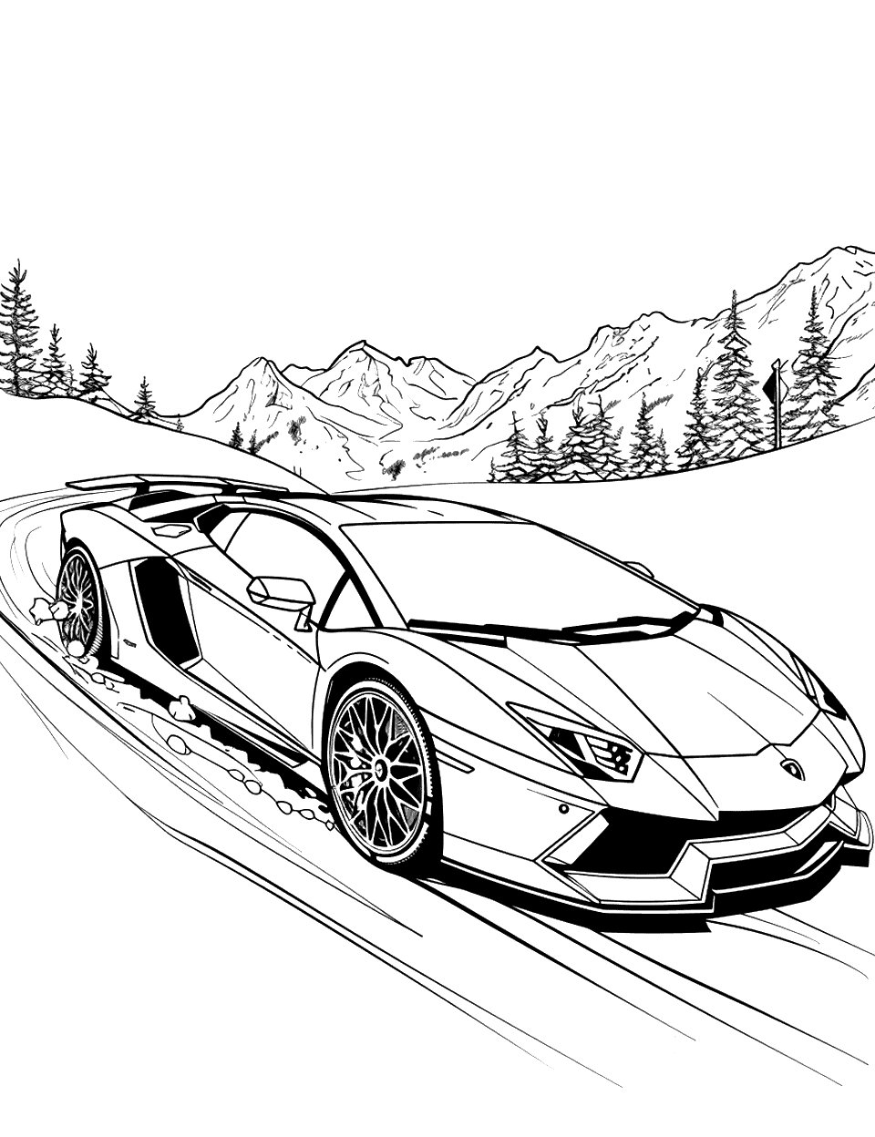 Snowy Lamborghini Drift Coloring Page - A Lamborghini performing a drift on a snowy road.