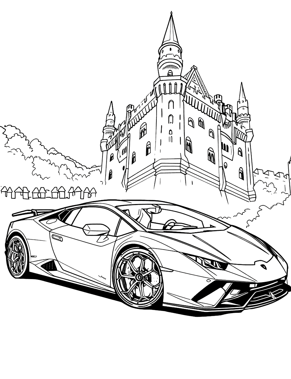 Lamborghini and the Castle Coloring Page - A Lamborghini parked in front of an old castle, blending modern with ancient.