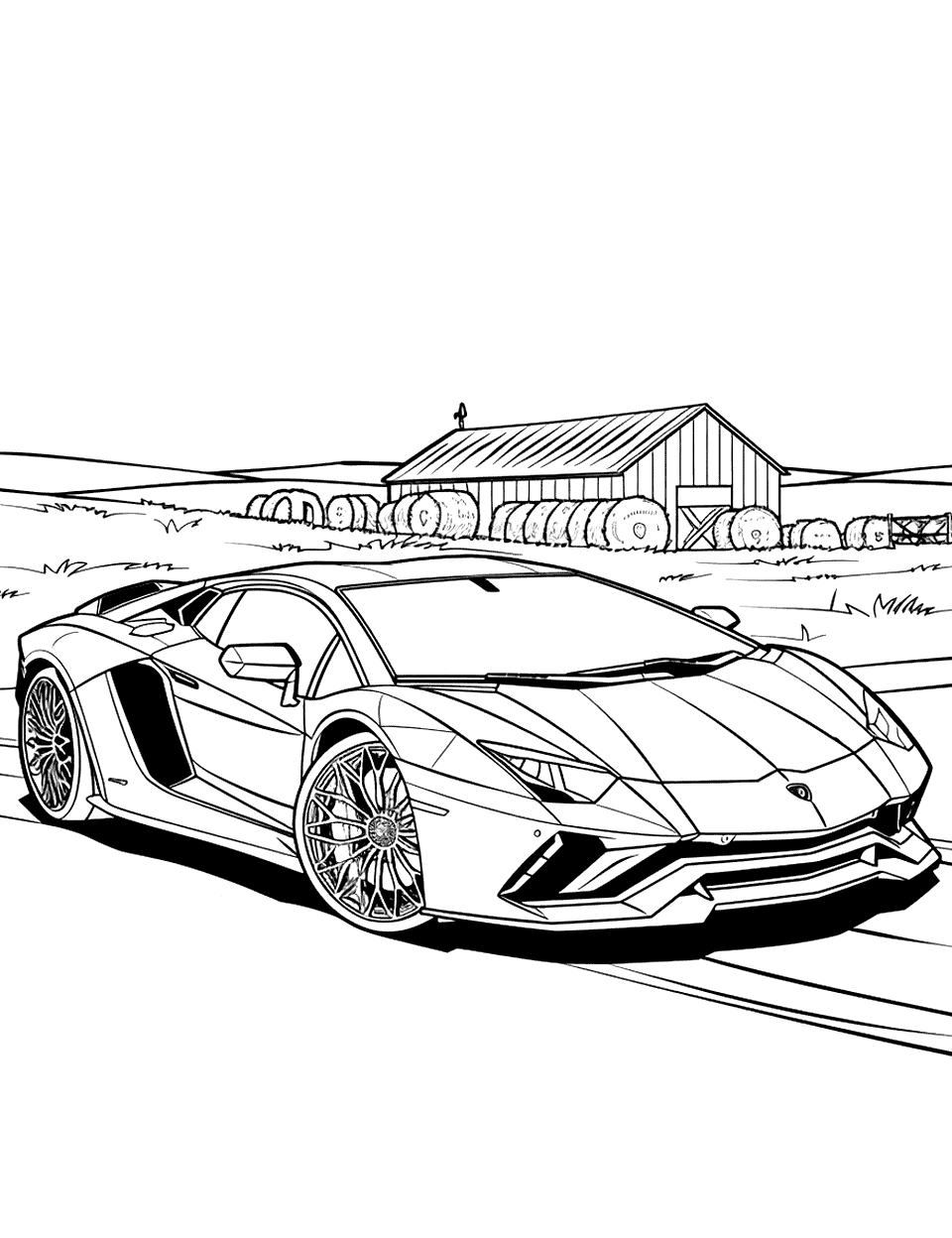 Farm Life Lamborghini Coloring Page - A Lamborghini parked on a farm, with hay bales and a barn in the background.