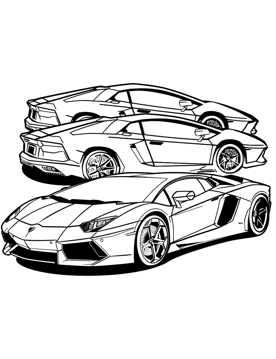 Cool Lamborghini Gathering Coloring Page - A group of cool Lamborghini cars parked together.