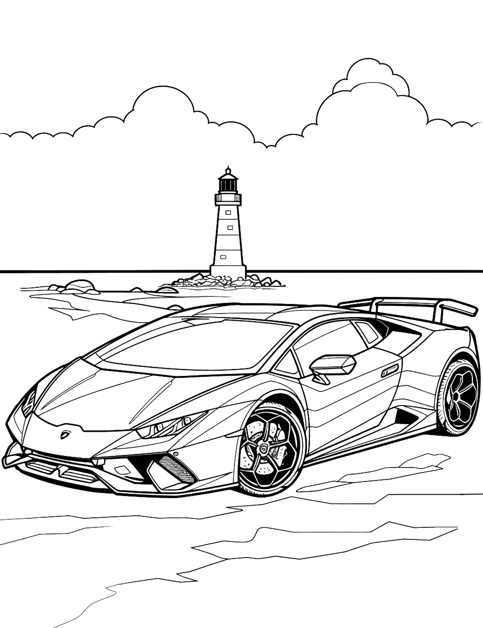 Lamborghini and the Lighthouse Coloring Page - A Lamborghini parked near a lighthouse, with the ocean in the background.