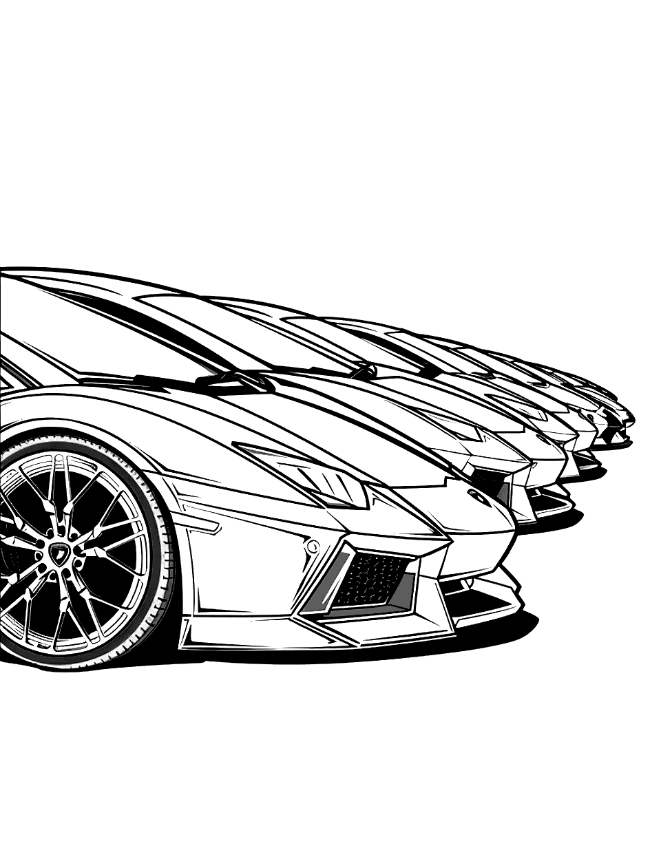 Supercar Showdown Lamborghini Coloring Page - A Lamborghini supercars lined up next to each other ready for a race.