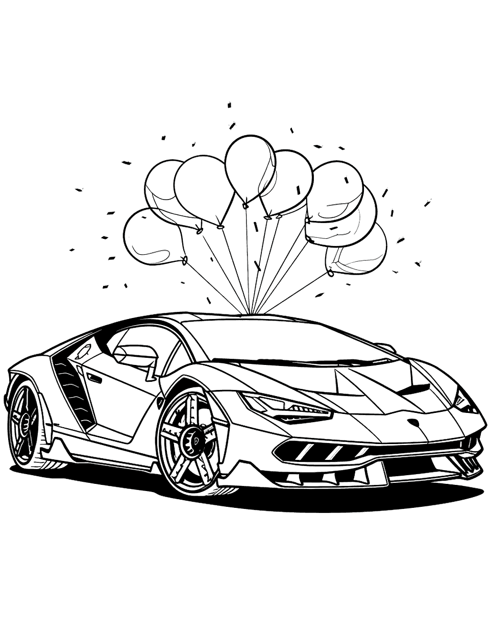 Lamborghini Centenario Celebration Coloring Page - A Lamborghini Centenario with balloons and confetti around it, celebrating an anniversary.