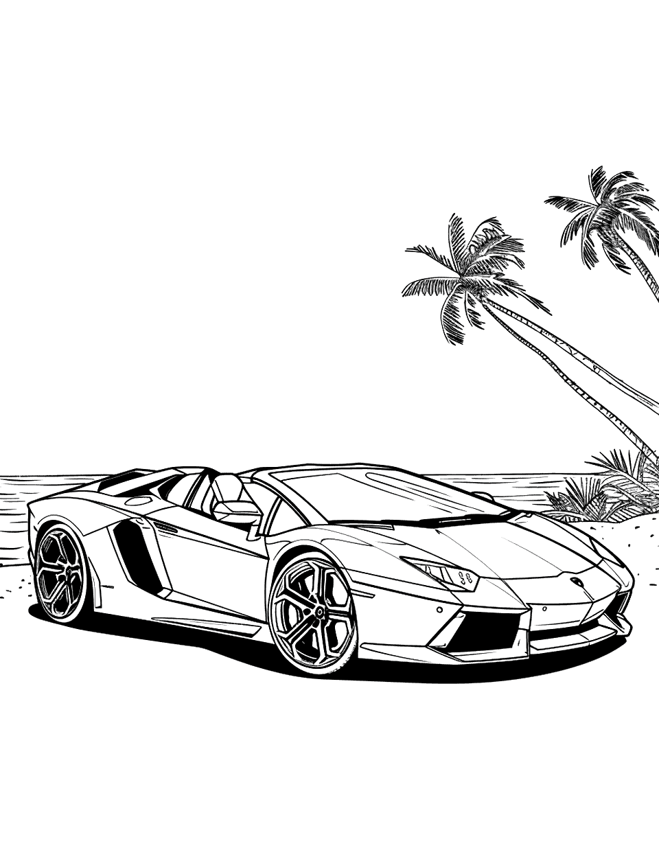 Convertible Day Out Lamborghini Coloring Page - A Lamborghini convertible with the top down, parked at a beachside.