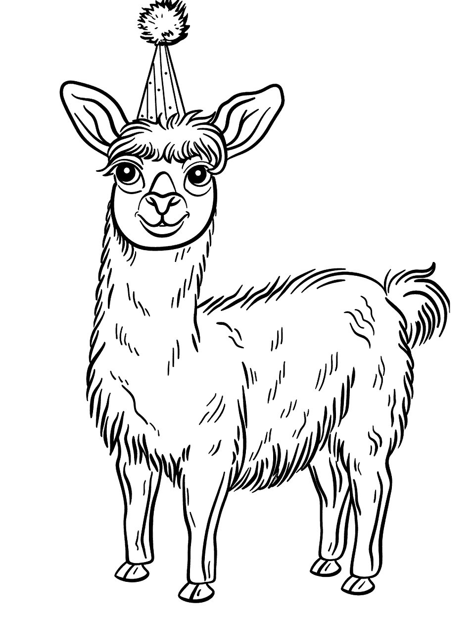 Llama with a Party Hat Coloring Page - A happy llama wearing a party hat.