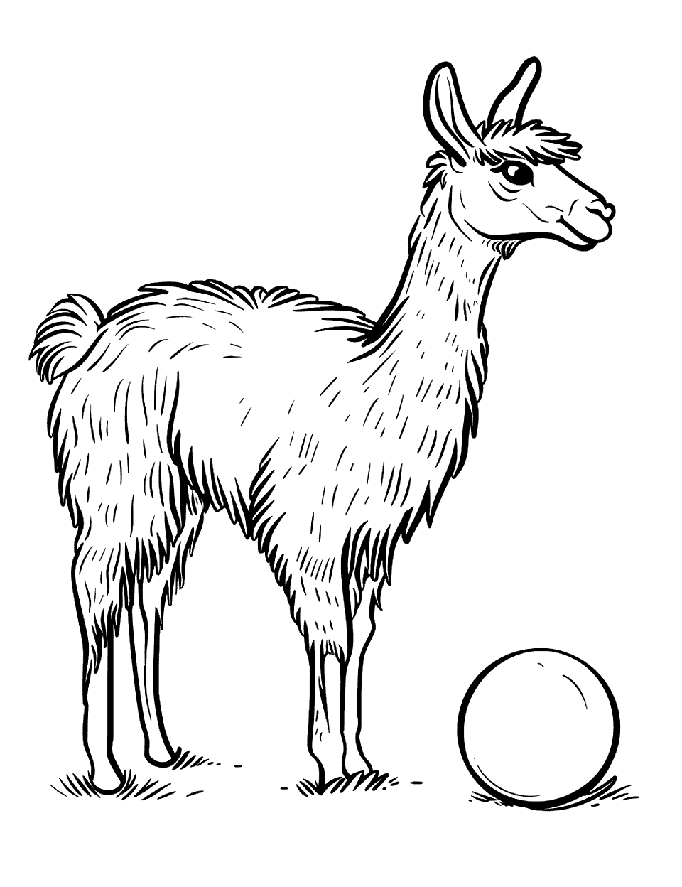 Llama Playing with a Ball Coloring Page - A playful llama interacting with a bright ball.