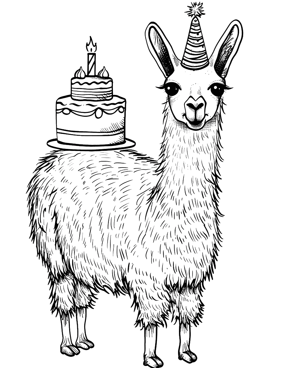 Llama with a Birthday Cake Coloring Page - A llama celebrating with a festive birthday cake.