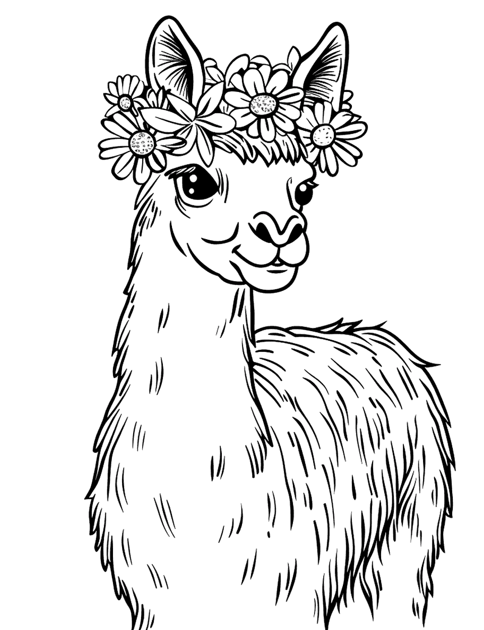 Llama Wearing a Flower Crown Coloring Page - A serene llama adorned with a crown of flowers.