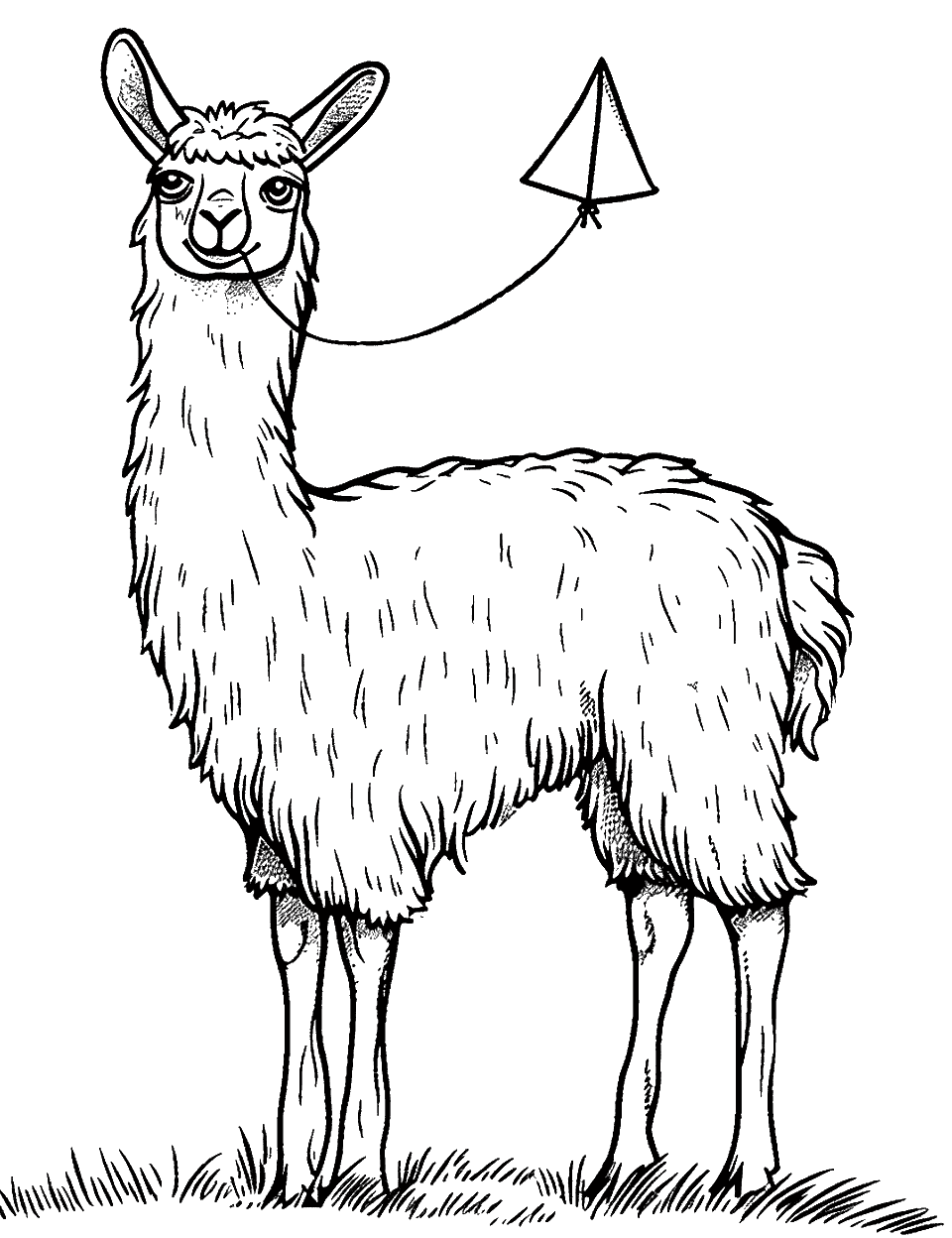 Llama with a Kite Coloring Page - A llama holding the string of a small flying kite.