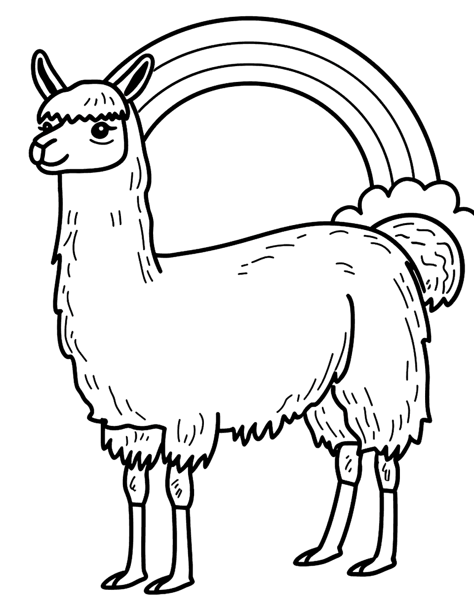 Llama and a Rainbow Coloring Page - A llama standing under a rainbow.