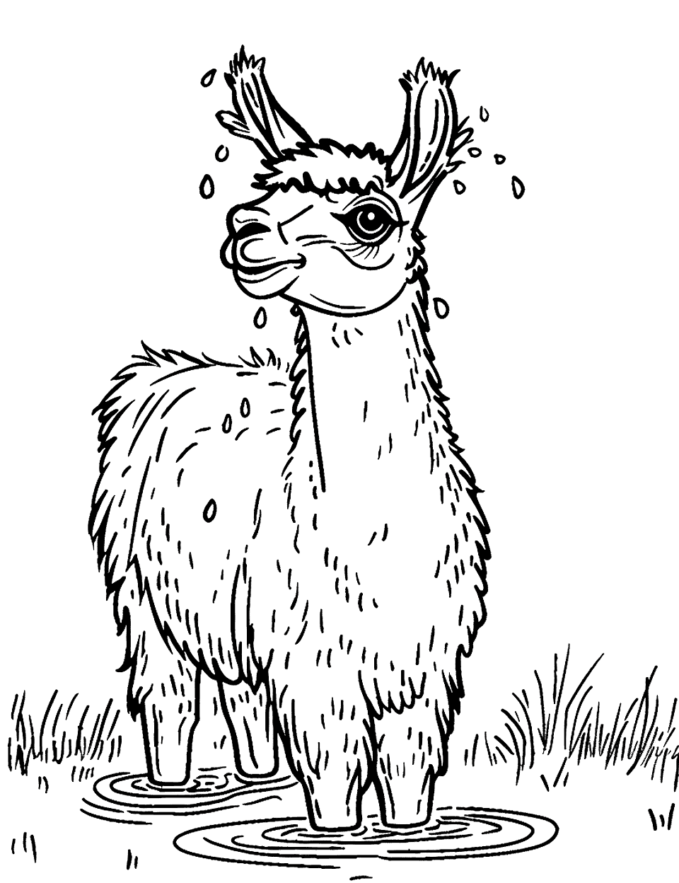 Llama in a Puddle Coloring Page - A playful llama splashing in a small puddle.