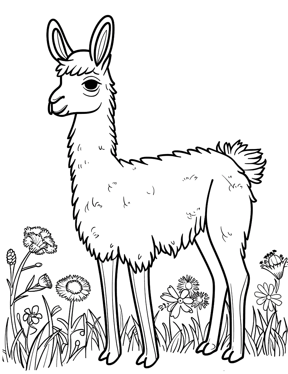 Baby Llama in a Field Coloring Page - A cute baby llama standing in a grassy field with flowers.